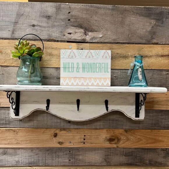 Rustic Off White Wall Shelf with Hooks and Wrought Iron Brackets - Picture 1 of 6
